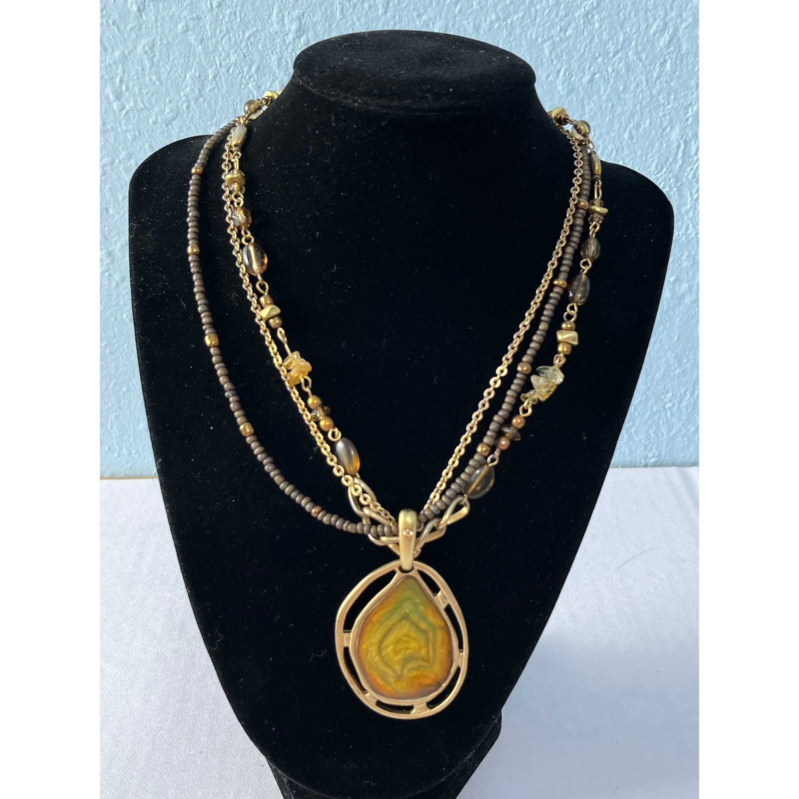 Boho Multi Strand Necklace Gold Tone Large Teardrop Pendant Statement 15$